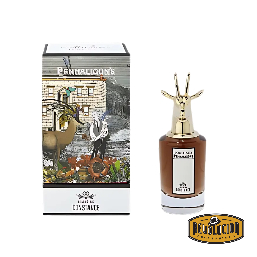 Penhaligon’s Changing Constance Eau de Parfum bottle displayed alongside its elegant packaging, featuring vintage-inspired illustrations and a signature gold animal head cap.