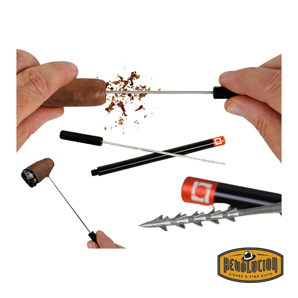 The PerfecDraw tool in action, carefully inserted into a cigar to enhance airflow and optimize the smoking experience.