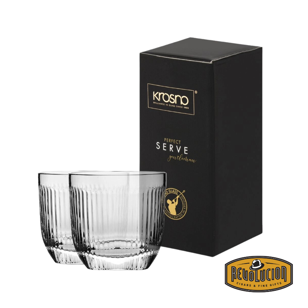 Krosno Perfect Serve Gentleman glass set, featuring two ribbed glasses and elegant black packaging with gold accents, perfect for gifting.