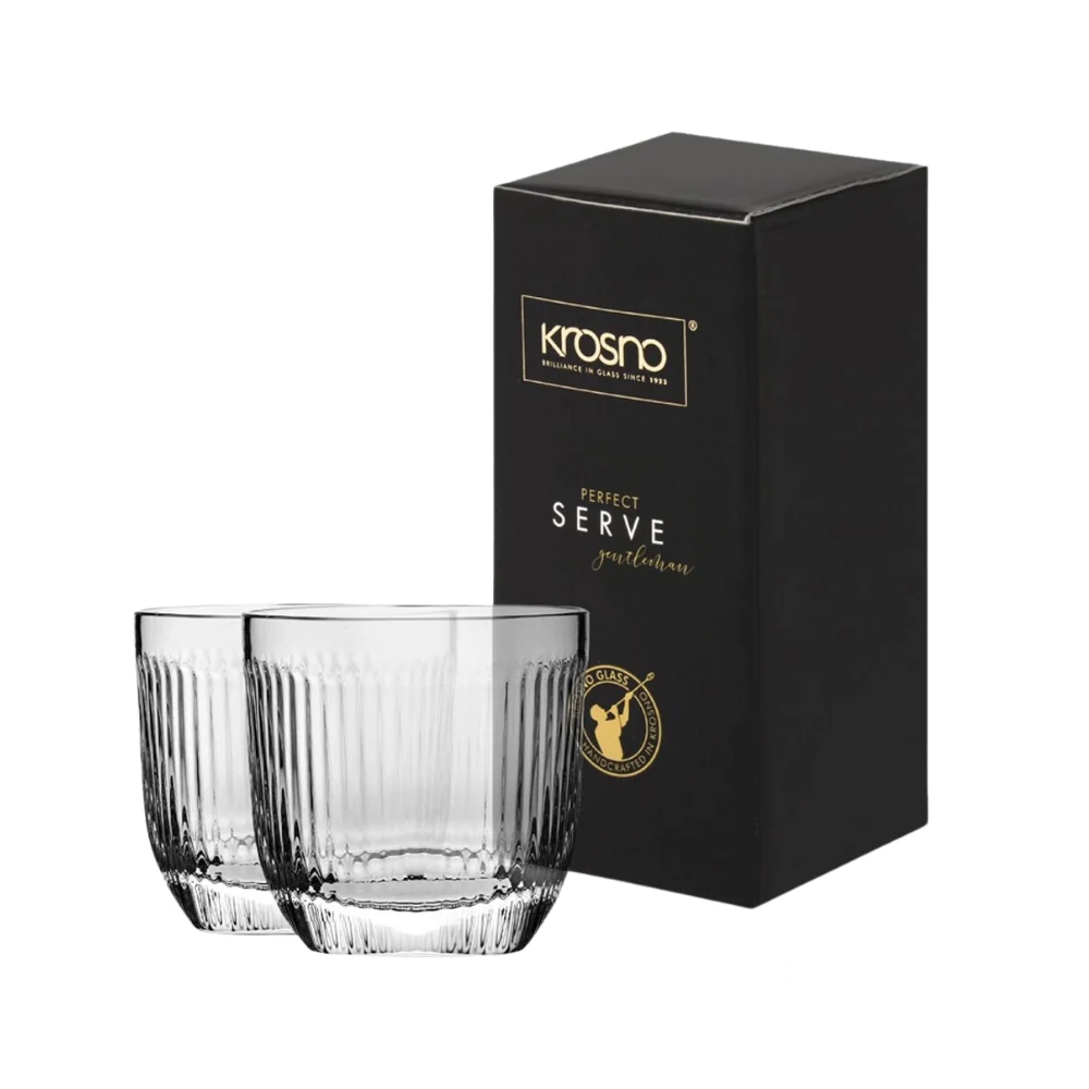 Krosno Perfect Serve Gentleman glass set, featuring two ribbed glasses and elegant black packaging with gold accents, perfect for gifting.