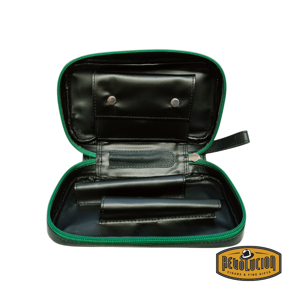 Opened Peterson Avoca 2 Pipes & Accessory Pouch, displaying compartments for two pipes and accessories.