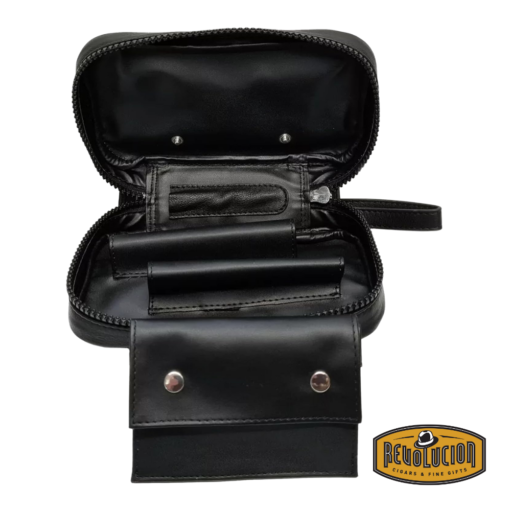 Opened Peterson Classic 2 Pipes & Accessory Pouch, showcasing compartments for two pipes and accessories.