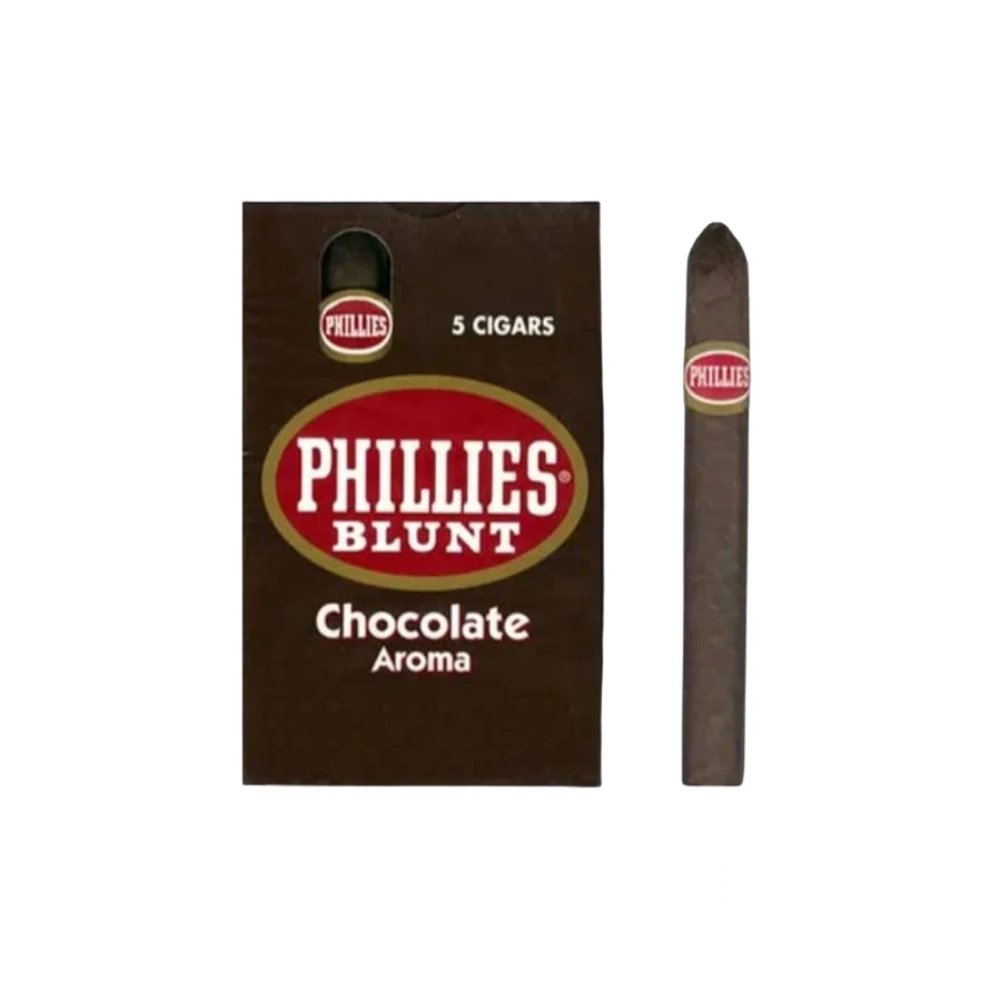 Phillies Blunt Chocolate Flavored Cigar, a machine-made cigar with a dark wrapper and chocolate-themed packaging, known for its sweet aroma and smooth draw.