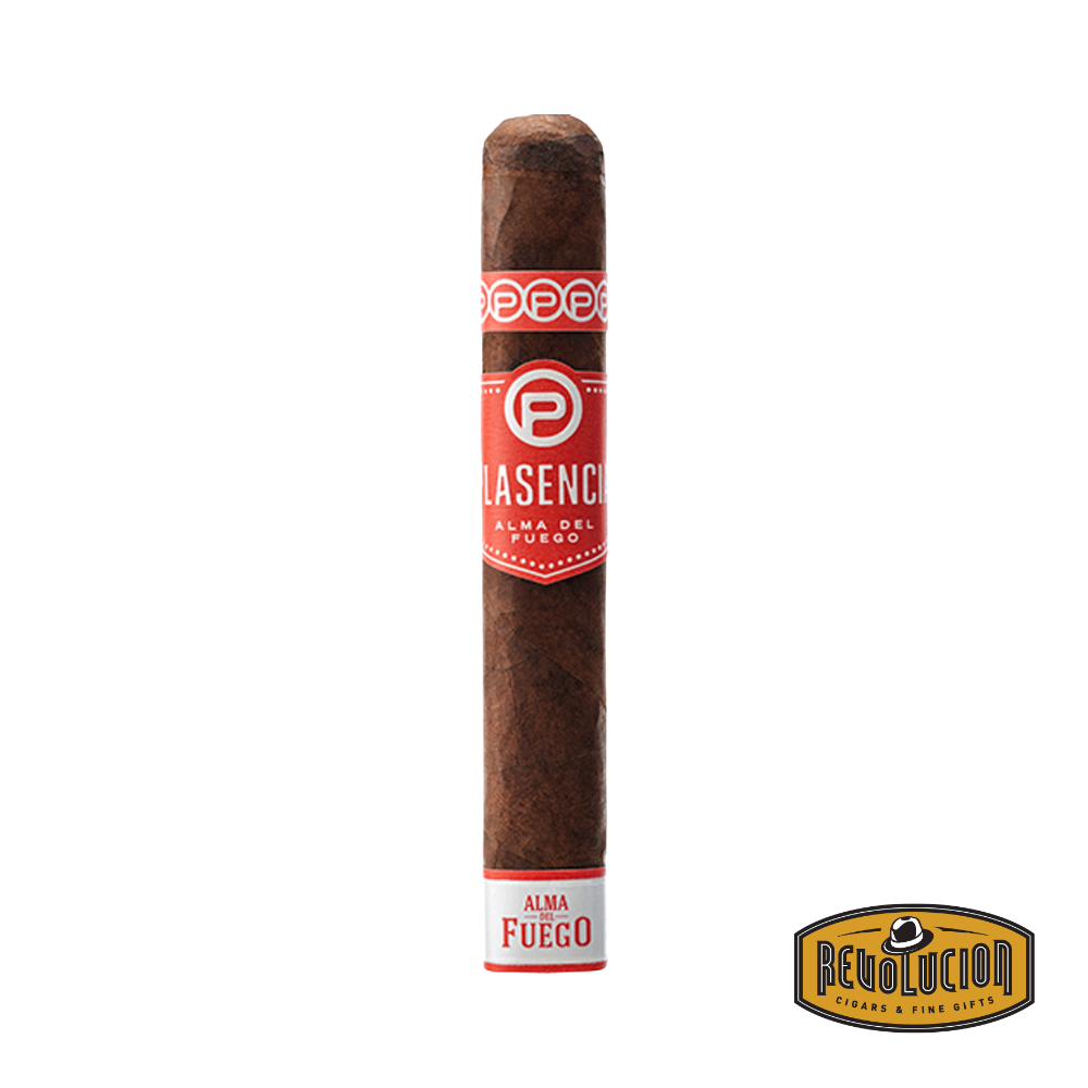 Plasencia Alma del Fuego Candente Robusto Nicaraguan cigar on a white background with the Revolucion logo, featuring a medium-full strength profile and the Plasencia band.