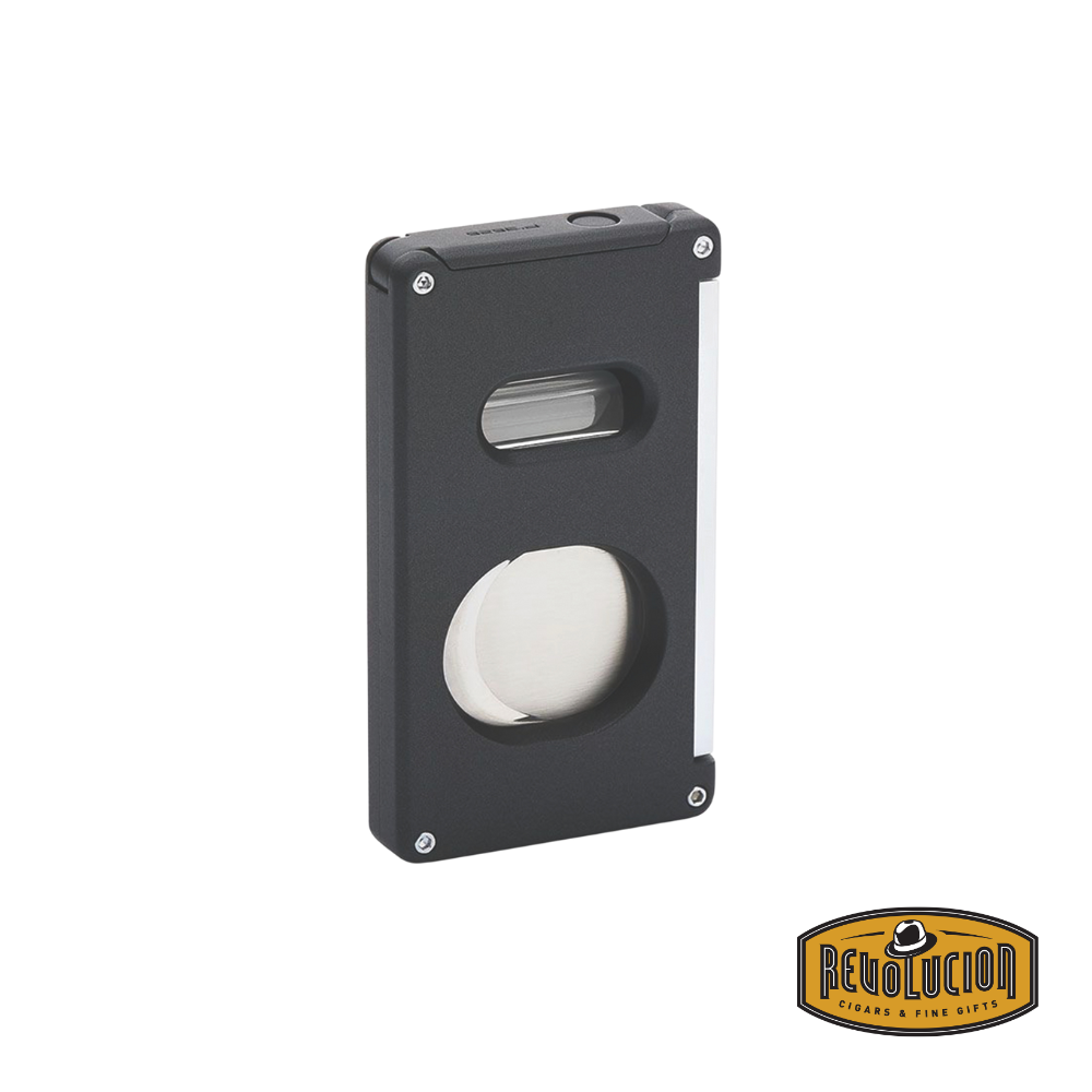 A sleek black Porsche Design 3-in-1 Cutter with a refined metallic finish, designed for precision cigar cutting.