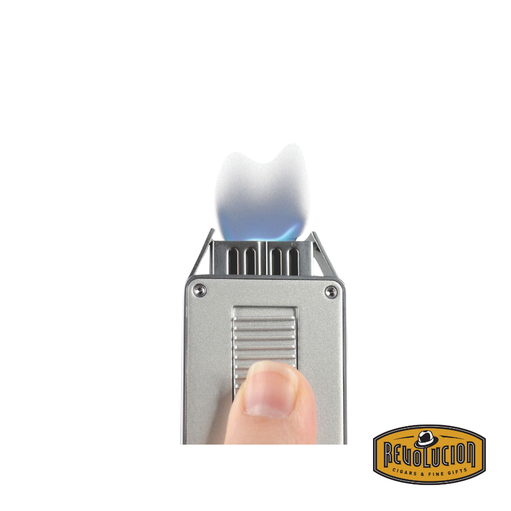 Porsche Design Single Wide Flame Lighter in chrome and silver, opened to reveal its high-performance ignition system and flame nozzle.