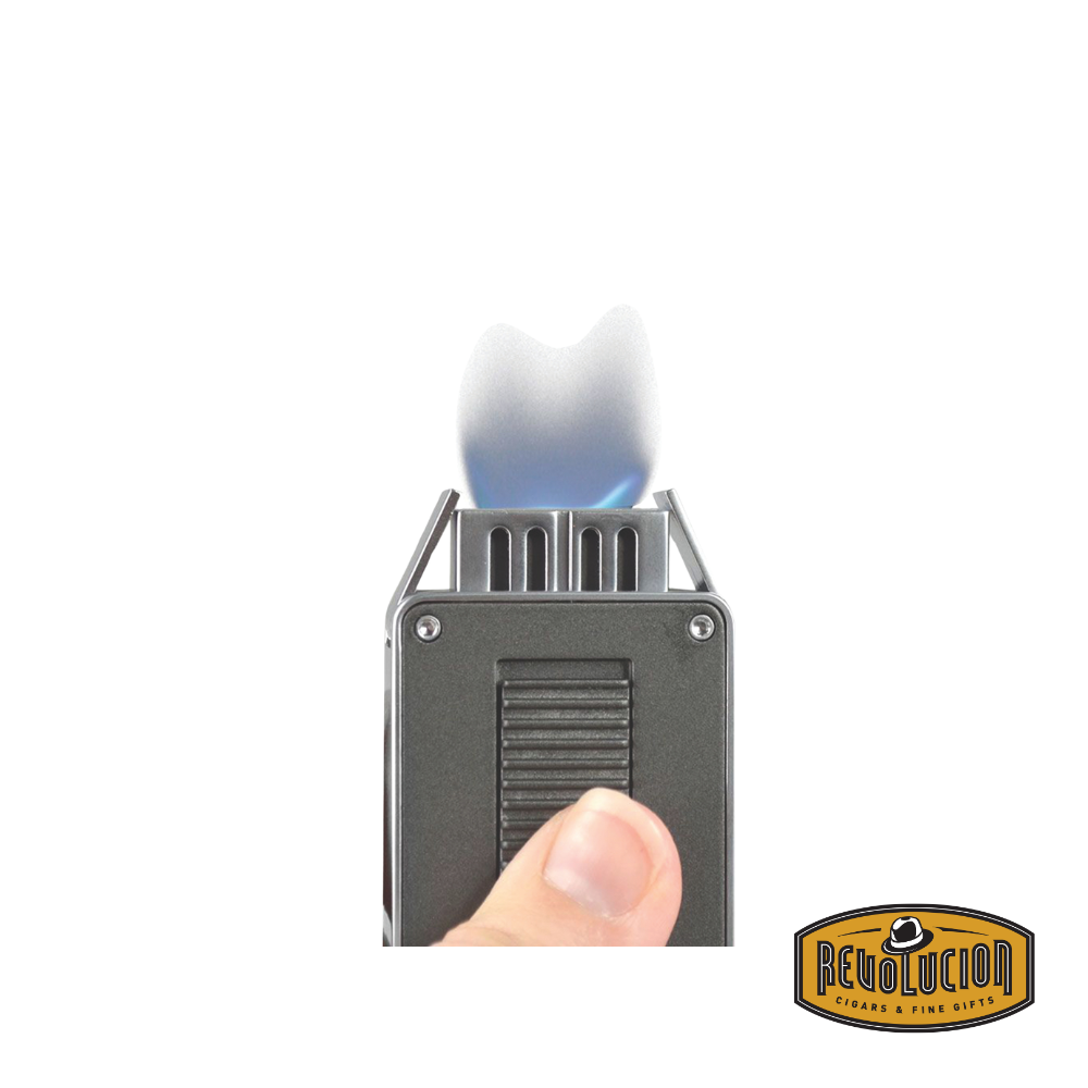 Porsche Design Single Wide Flame Lighter in grey, opened to reveal its high-performance ignition system and wide flame nozzle.