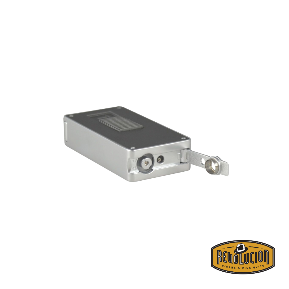 Porsche Design Single Wide Flame Lighter in grey, showcasing its built-in punch cutter for added convenience.