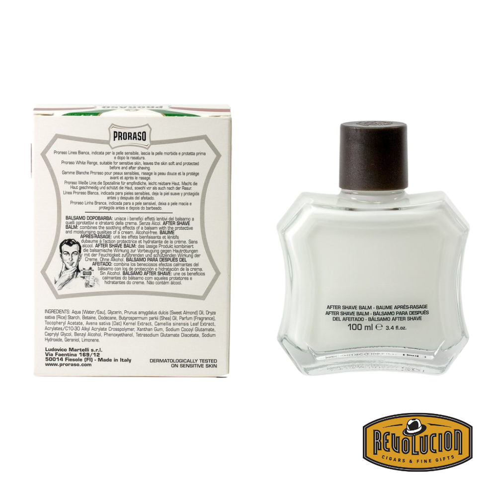 Proraso After Shave Balm Green Tea and Oatmeal bottle with the back of the box showing product details.