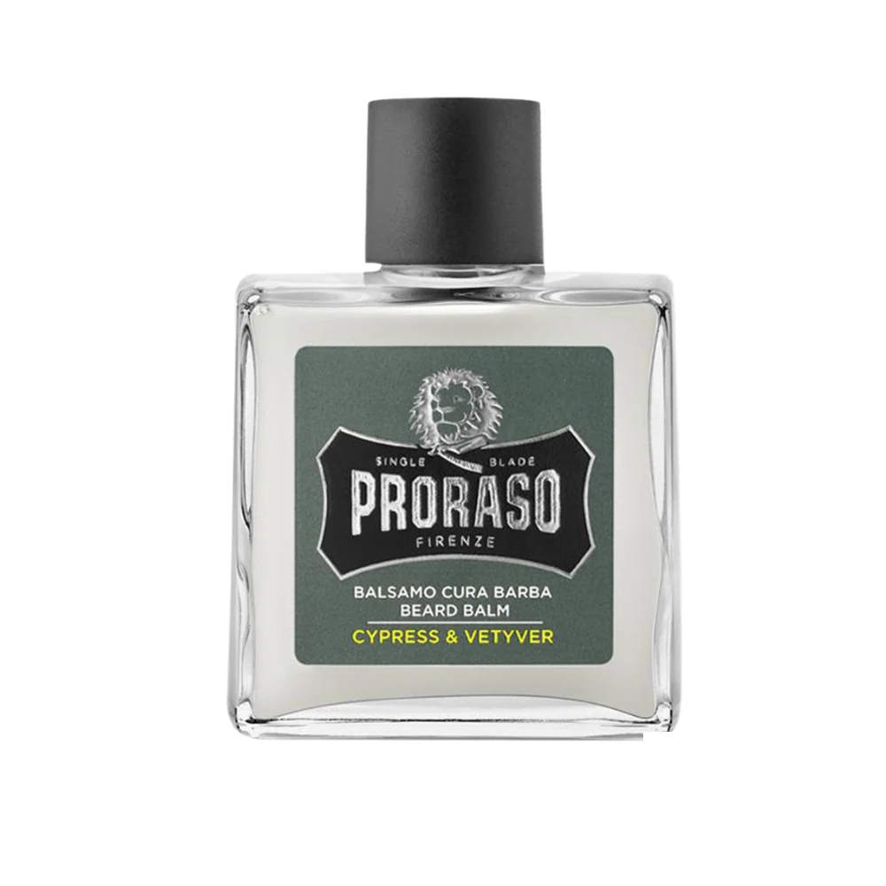Proraso Beard Balm Cypress & Vetyver in a stylish green-labeled bottle with black cap.