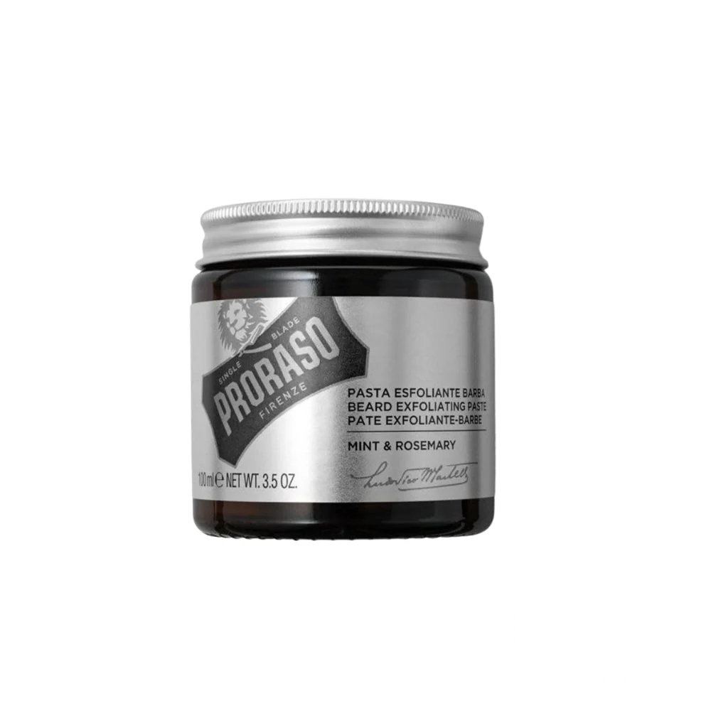 Proraso Beard Exfoliating Paste in a classic vintage-style jar, designed for deep cleansing and beard care.