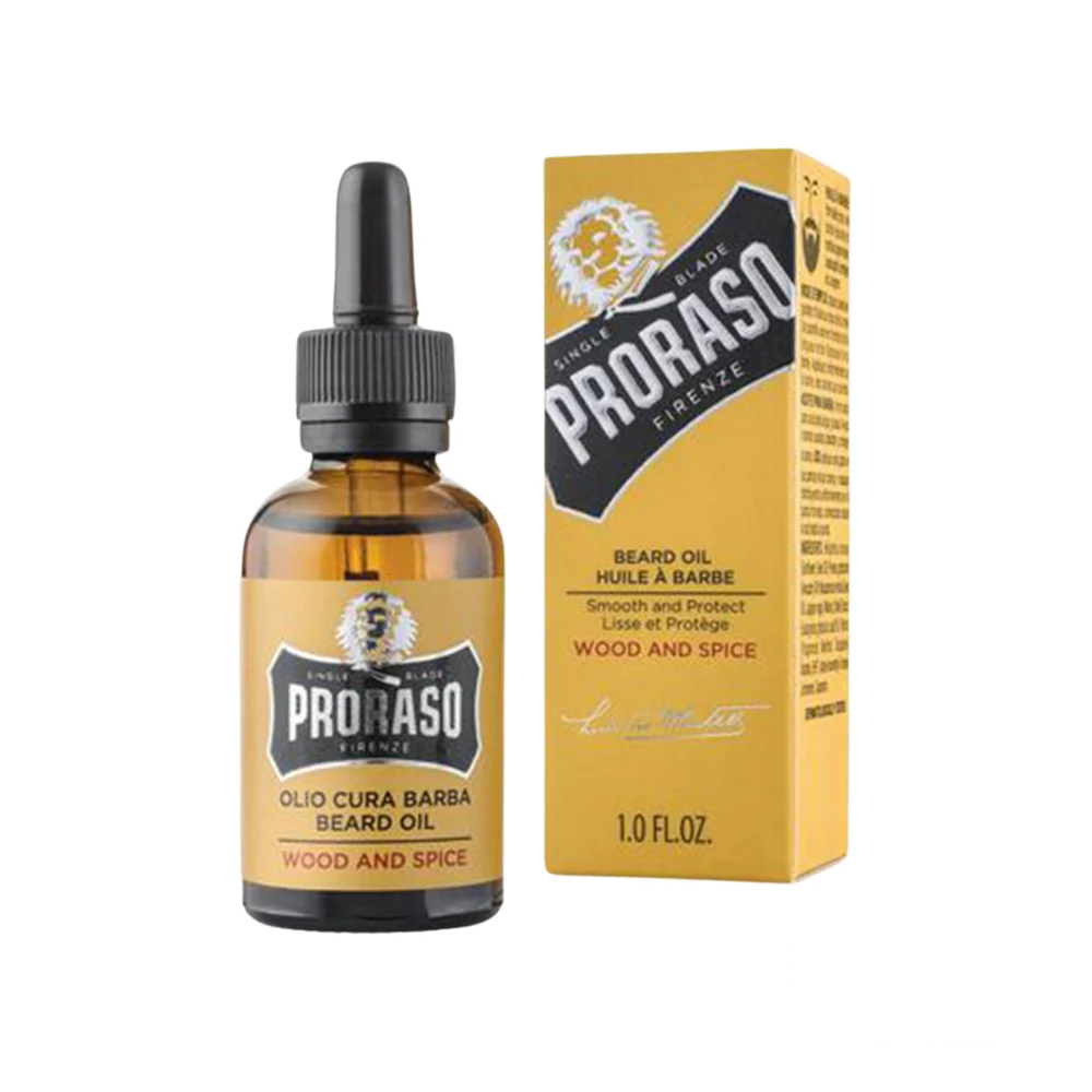 Proraso Beard Oil Wood and Spice in a glass dropper bottle with signature yellow packaging.