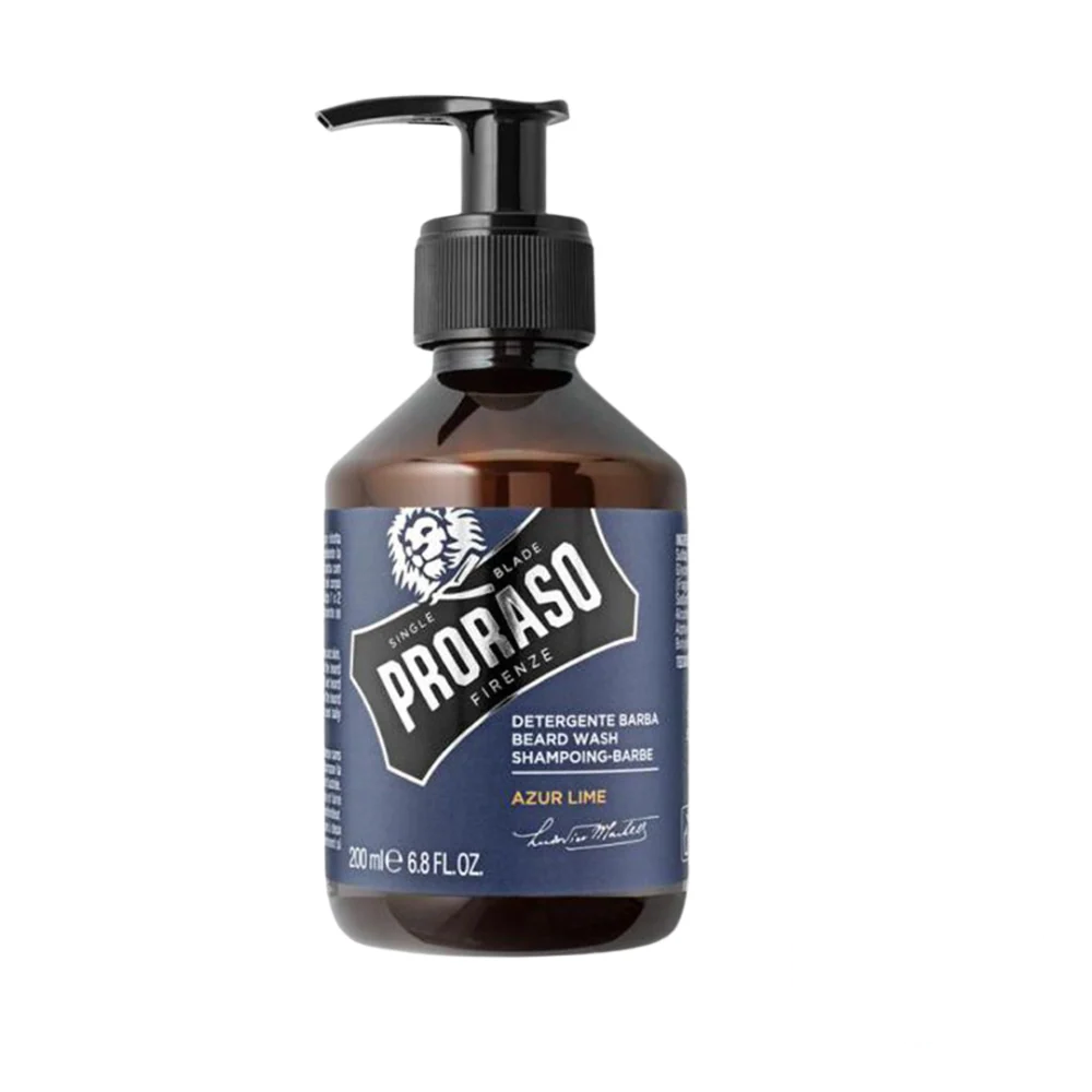 Proraso Beard Shampoo Azur Lime in a blue-labeled amber bottle with black pump.
