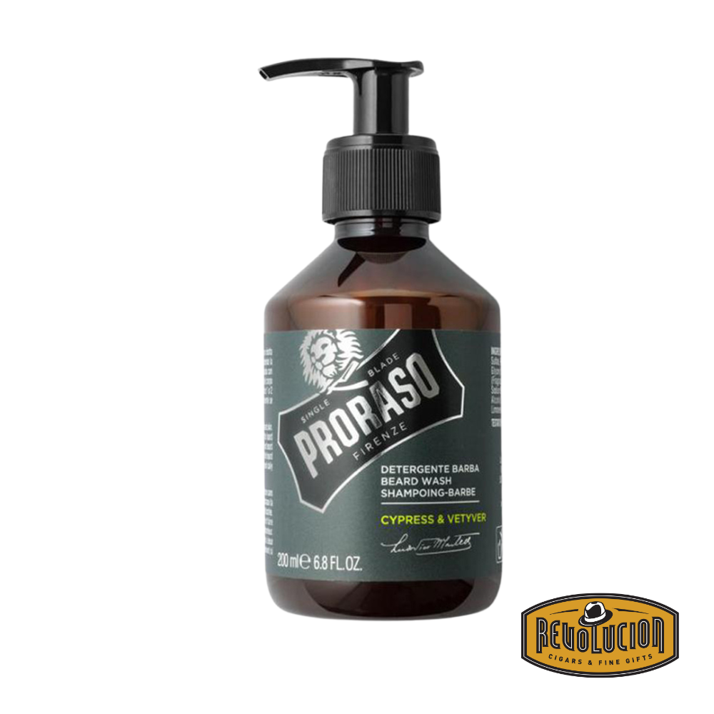 Proraso Beard Shampoo Cypress & Vetyver in green-labeled bottle.