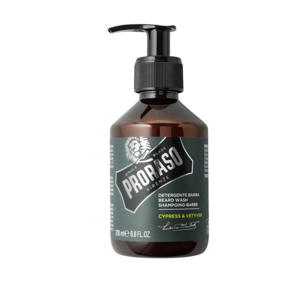 Proraso Beard Shampoo Cypress & Vetyver in green-labeled bottle.