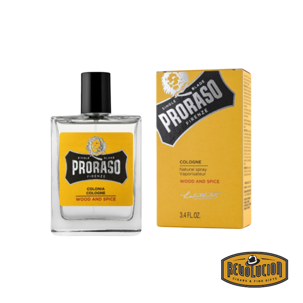 Proraso Cologne Wood and Spice bottle placed next to its matching box, showcasing its elegant packaging and warm fragrance profile.