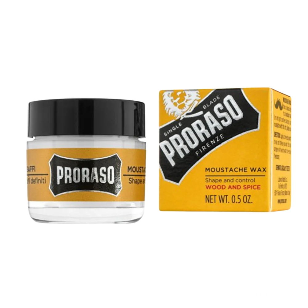Proraso Mustache Wax Wood and Spice in a compact yellow tin, ideal for styling and shaping your mustache.