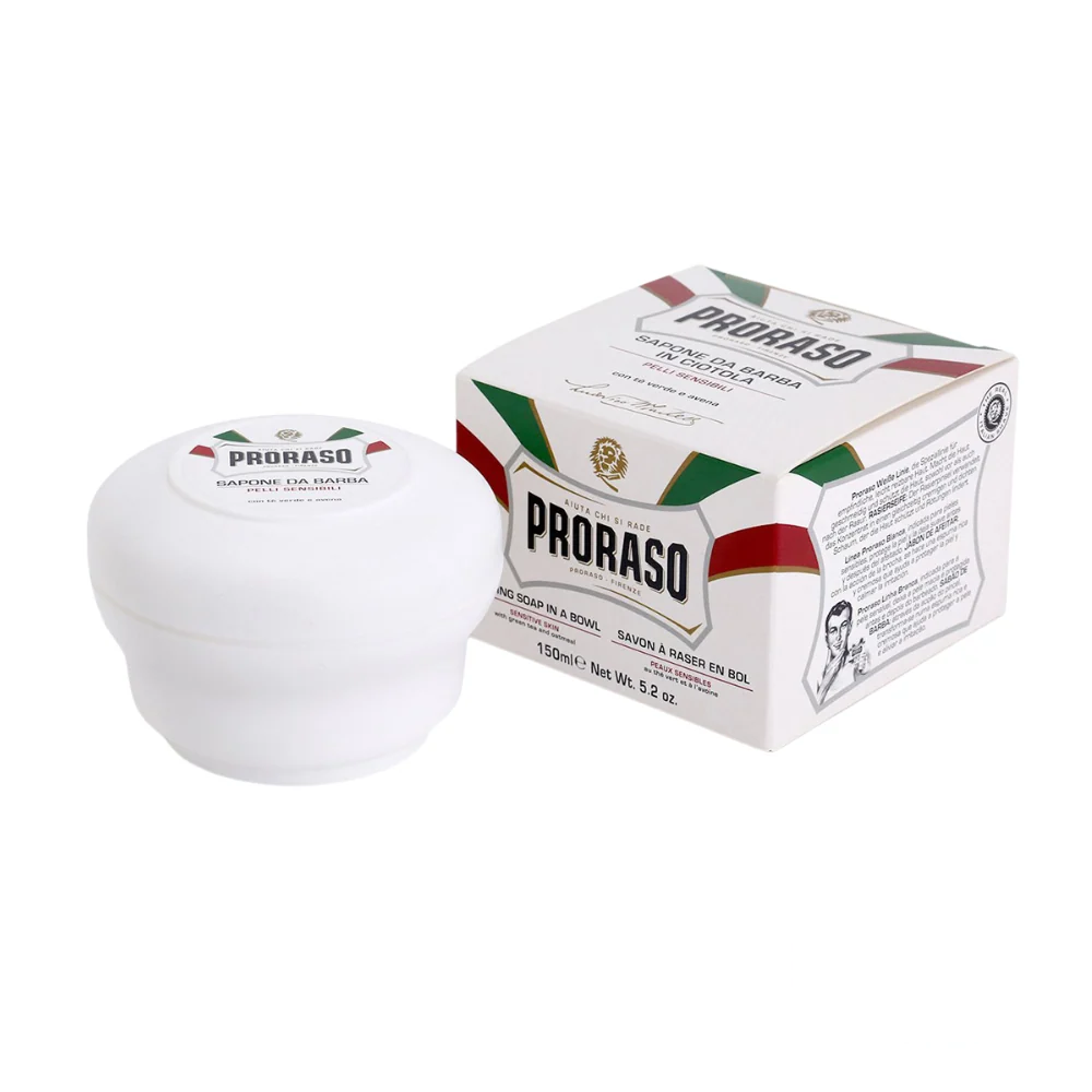 Proraso Shaving Soap in a Bowl with Green Tea and Oatmeal, 150 ml, housed in a soft green container designed for sensitive skin and a soothing shave.
