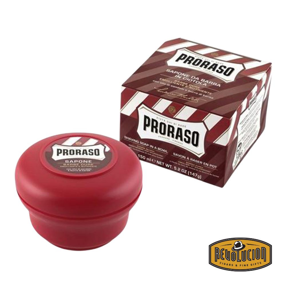 Proraso Shaving Soap in a red bowl with sandalwood oil and shea butter, 150 ml.
