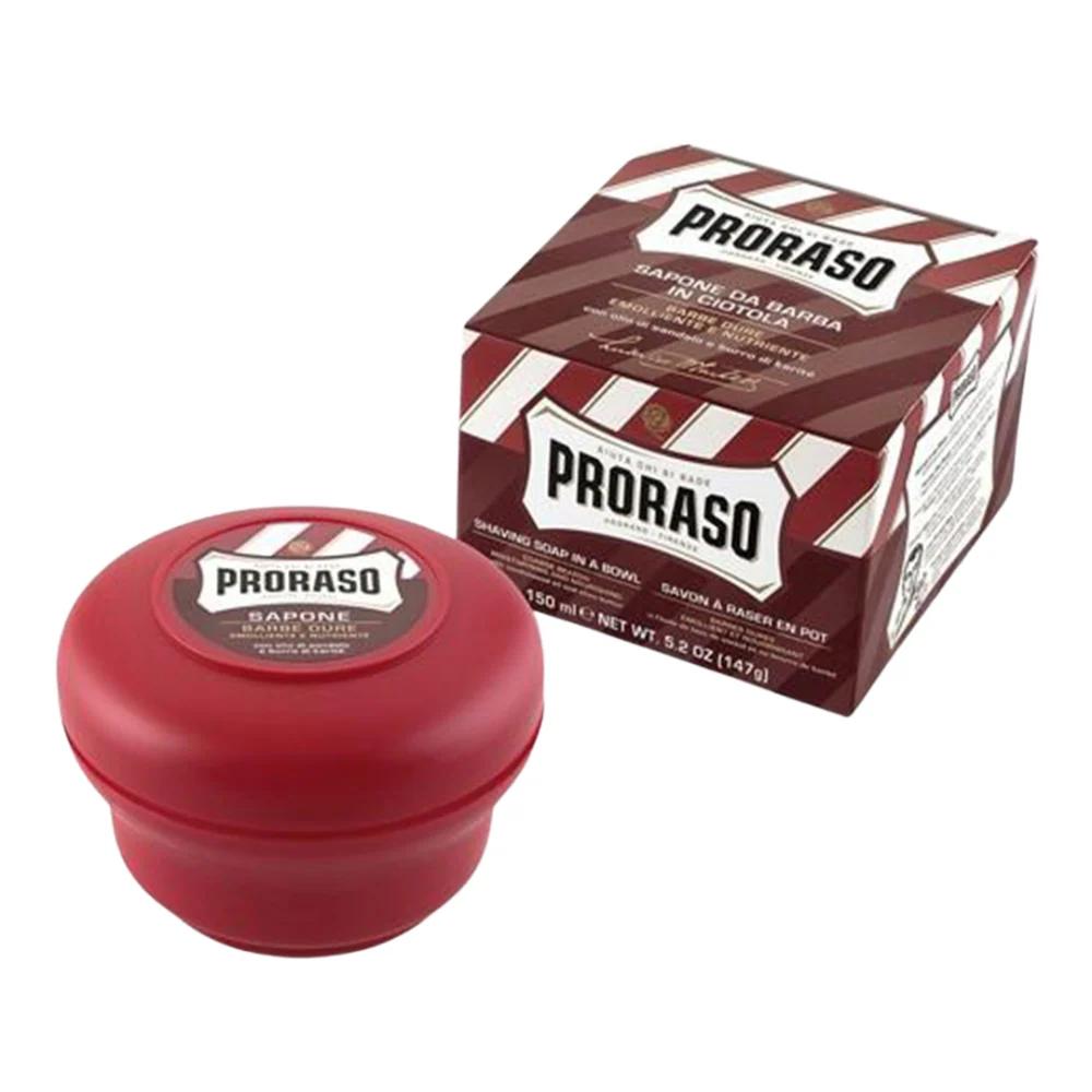 Proraso Shaving Soap in a red bowl with sandalwood oil and shea butter, 150 ml.