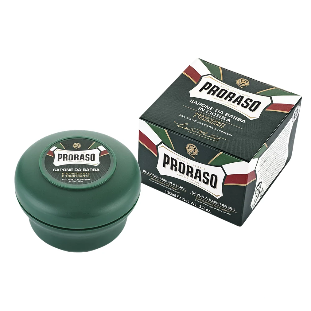 Proraso Shaving Soap in a green bowl with eucalyptus and menthol, 150 ml.
