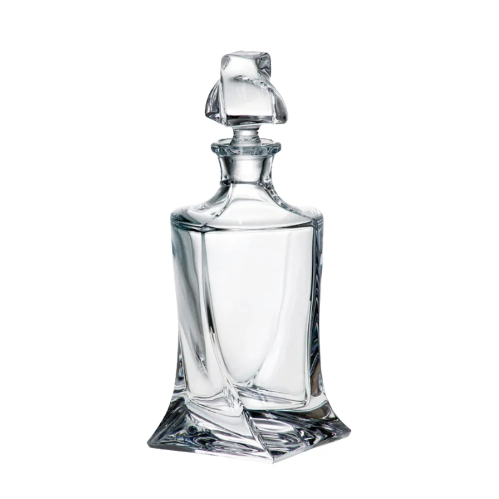 Quadro Whisky Decanter 850ml, a sophisticated glass decanter with a unique twisted design and a matching glass stopper, ideal for storing and serving whisky in style.