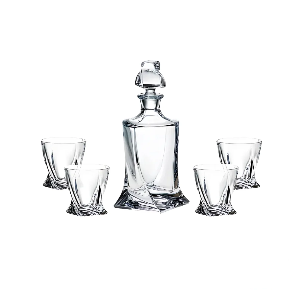 Quadro Whisky Set 5pc displayed in a white background, featuring a beautifully designed whisky decanter with a matching stopper and four elegant tumblers, crafted for a refined drinking experience.