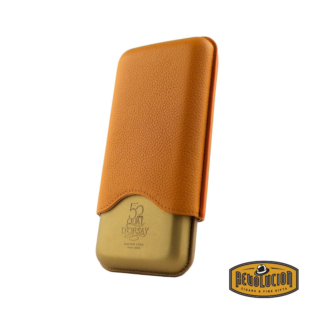 Quai d'Orsay 50th Anniversary 3 Cigar Case – a limited-edition leather cigar case featuring gold-embossed branding and designed to securely hold and protect three cigars in style.