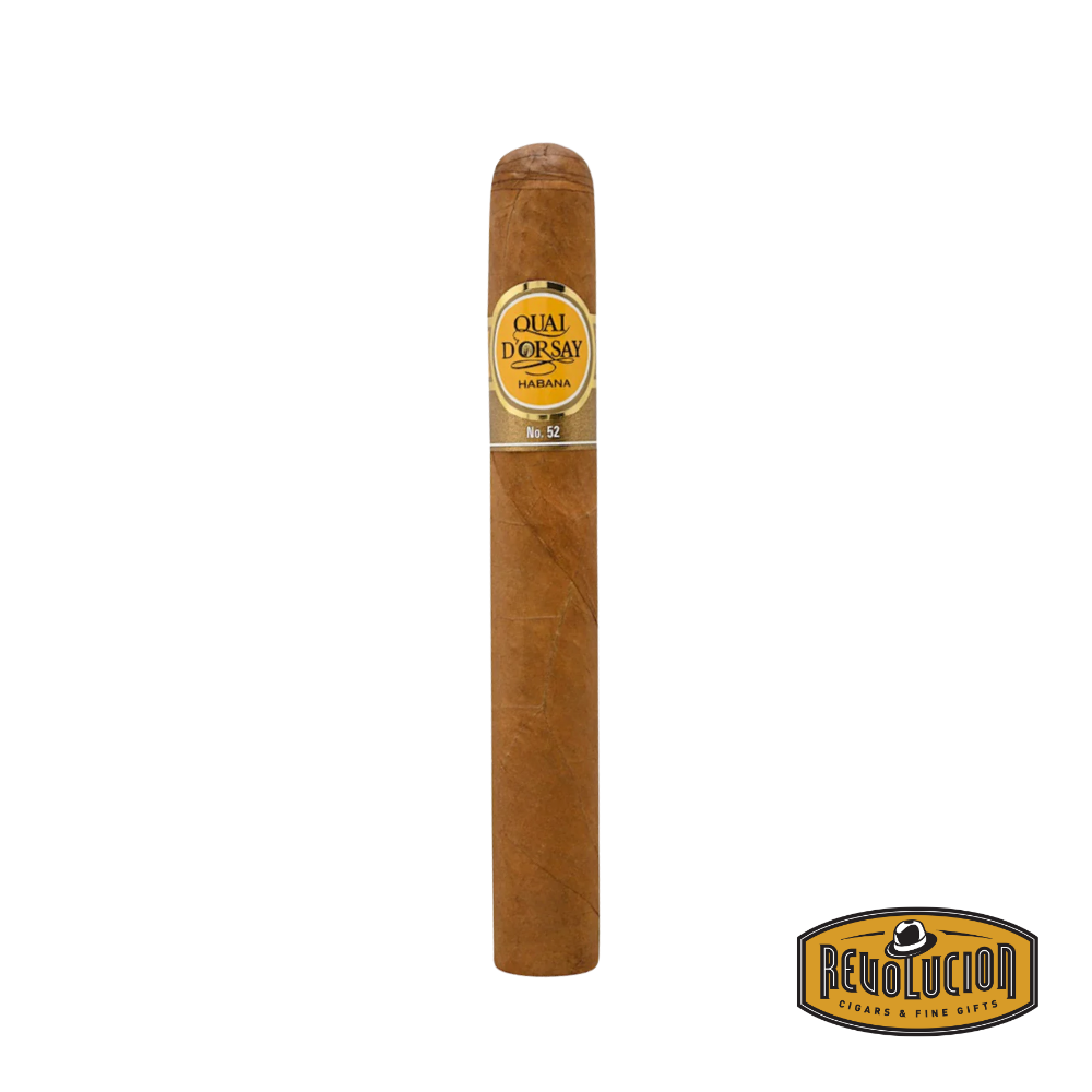 Quai D'Orsay No. 52 Cuban cigar with a smooth, golden-brown wrapper and elegant band, displayed in close-up to emphasize its refined construction.