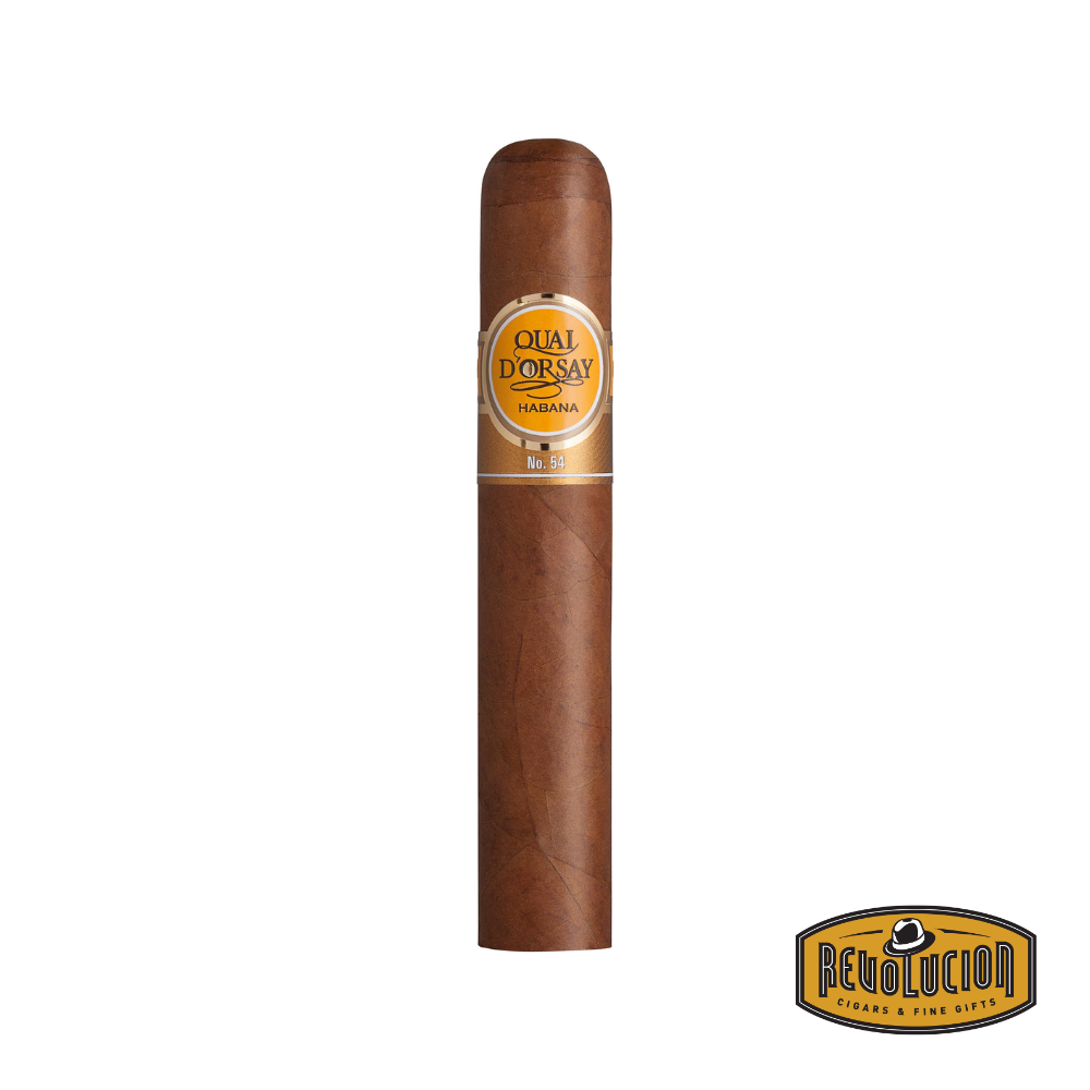 Quai d'Orsay No. 54 Edmundo Grosso Cuban cigar featuring a golden-brown wrapper and signature double band design, representing its medium-bodied profile.