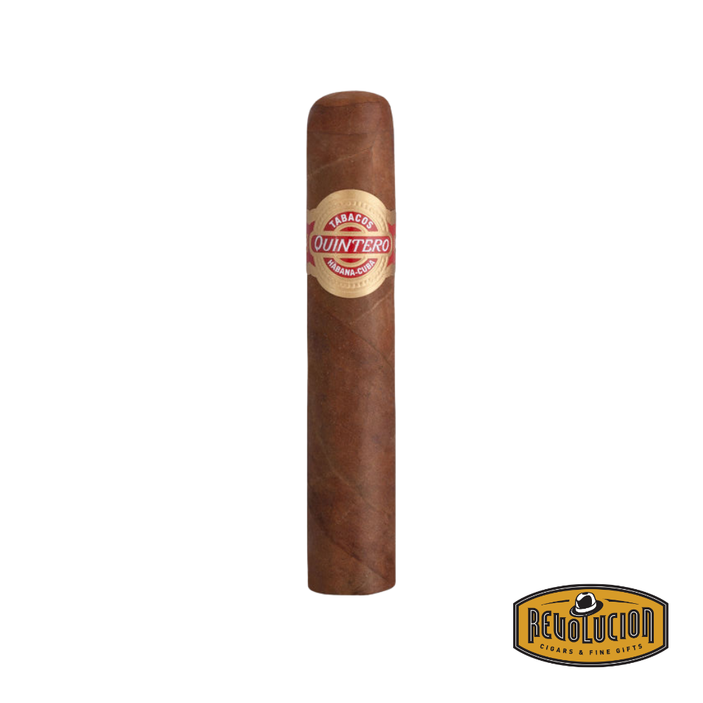 Quintero Favoritos Robusto Cuban cigar on a white background with the Revolucion logo, featuring a mild-medium strength profile and the traditional Quintero band.