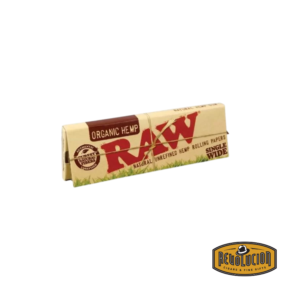RAW Organic Hemp Single Wide Rolling Papers (front view), featuring natural, unrefined hemp for a smooth smoking experience.