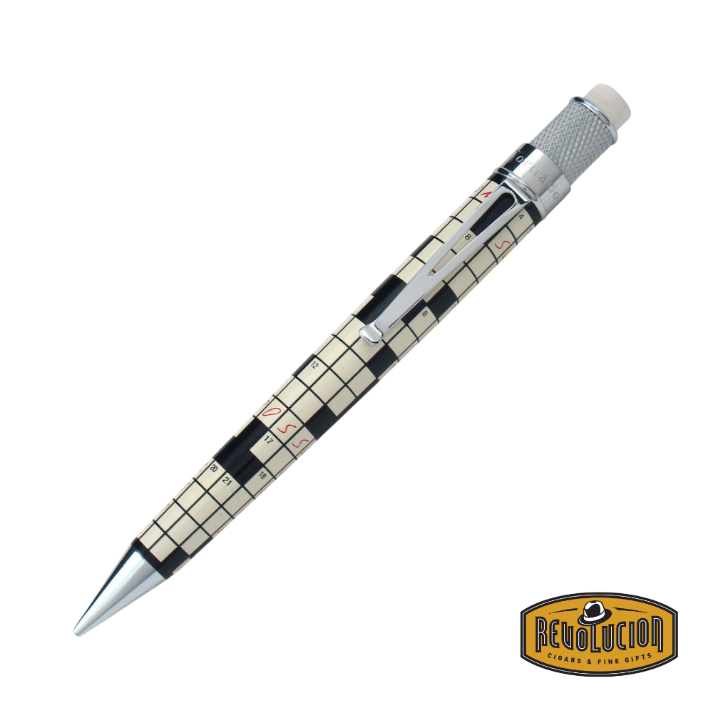 Retro 51 Tornado Crossword Pencil featuring a sleek white barrel adorned with a black crossword puzzle design, complemented by a smooth, twist-action mechanism and a sturdy metal clip.
