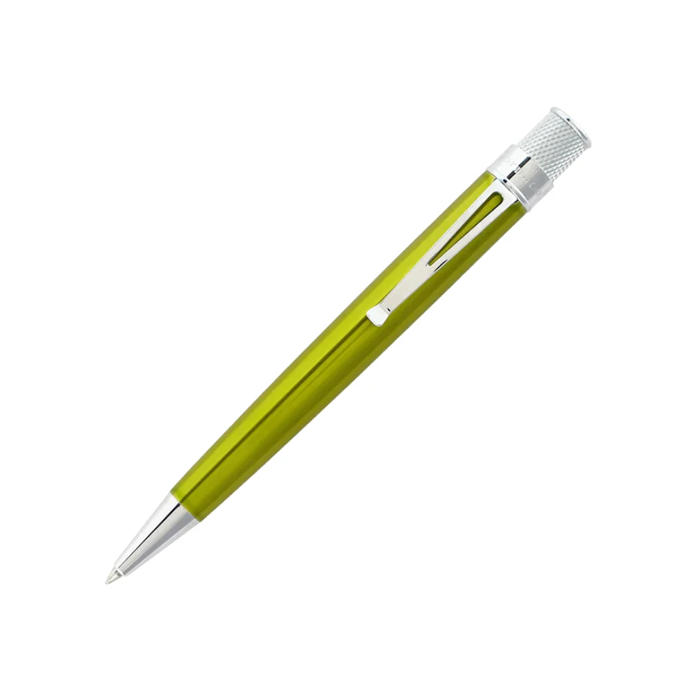 Retro 51 Tornado Classic Lacquers Kiwi Pen (yellow) featuring a vibrant yellow lacquered finish, sleek design with chrome accents, and a smooth rollerball tip for an elegant writing experience.