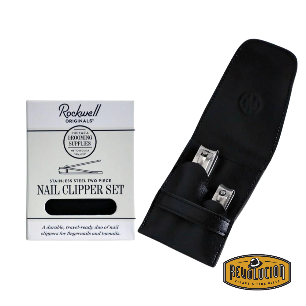 Leather case of the Rockwell Razors Stainless Steel Nail Clipper Set next to branded box.