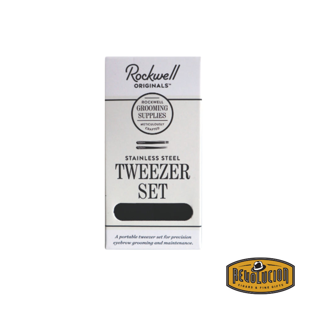 Rockwell Razors Stainless Steel Tweezer Set box, closed with branding visible.