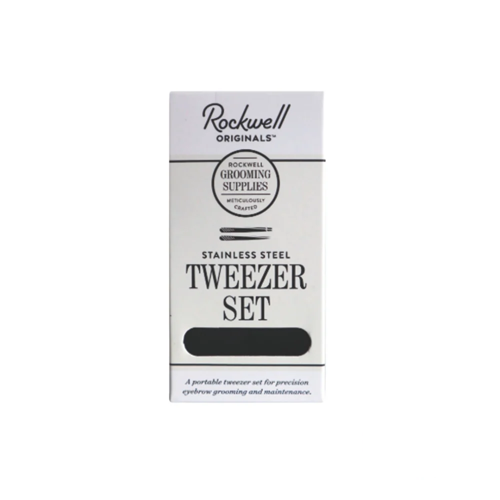 Rockwell Razors Stainless Steel Tweezer Set box, closed with branding visible.