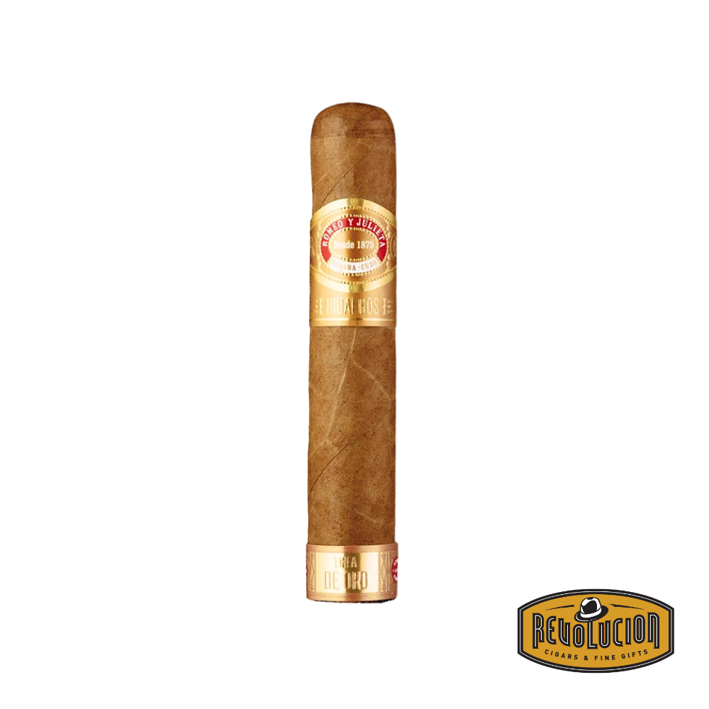 Romeo y Julieta Línea de Oro Hidalgos Robusto cigar featuring a luxurious Cuban wrapper, golden banding, and medium-full strength construction.
