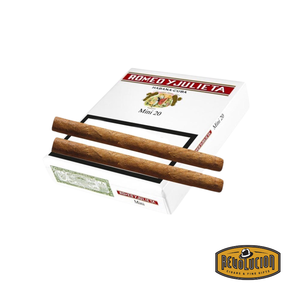A classic Cuban cigarillo in its signature Romeo y Julieta white and red box, featuring its timeless branding.