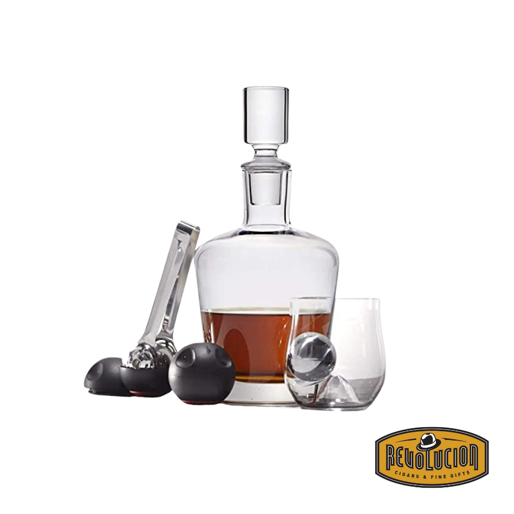 The Rox & Roll Whisky Set (8-piece) includes a stylish whisky decanter, two glasses, stainless steel ice tongs, and spherical ice molds, offering a complete setup for an elevated whisky-drinking experience.