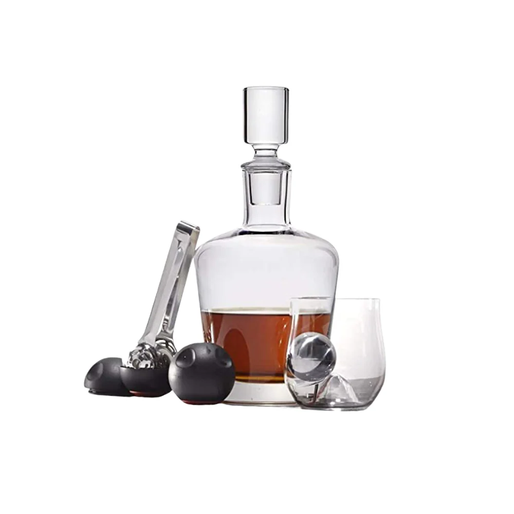 The Rox & Roll Whisky Set (8-piece) includes a stylish whisky decanter, two glasses, stainless steel ice tongs, and spherical ice molds, offering a complete setup for an elevated whisky-drinking experience.