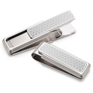 M-clip Etched Honeycomb Money Clip - solid stainless with an etched honeycomb pattern in the slide bar 