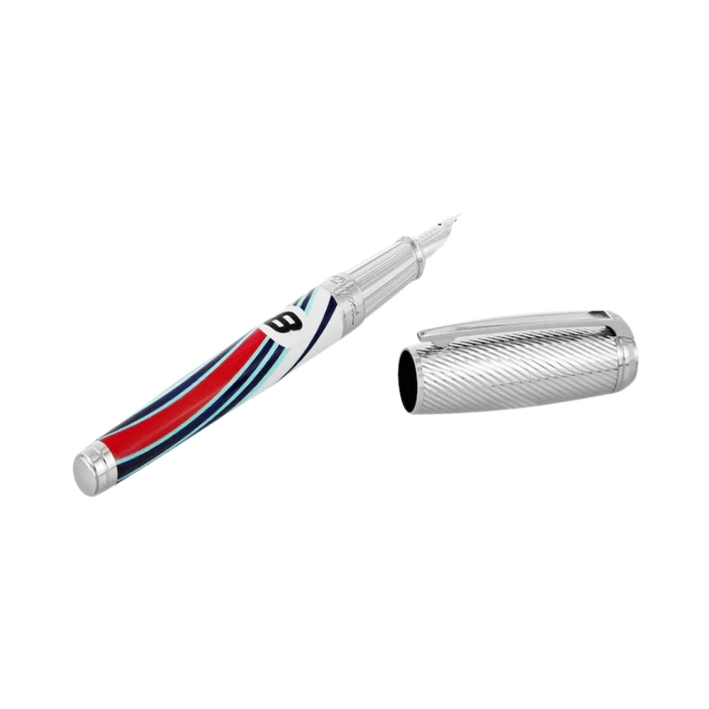 S.T. Dupont x 24H Le Mans Line D Large White Fountain Pen with its cap removed, showcasing a silver nib and a sleek white lacquer body accented by red, blue, and black racing stripes, along with the number 8.