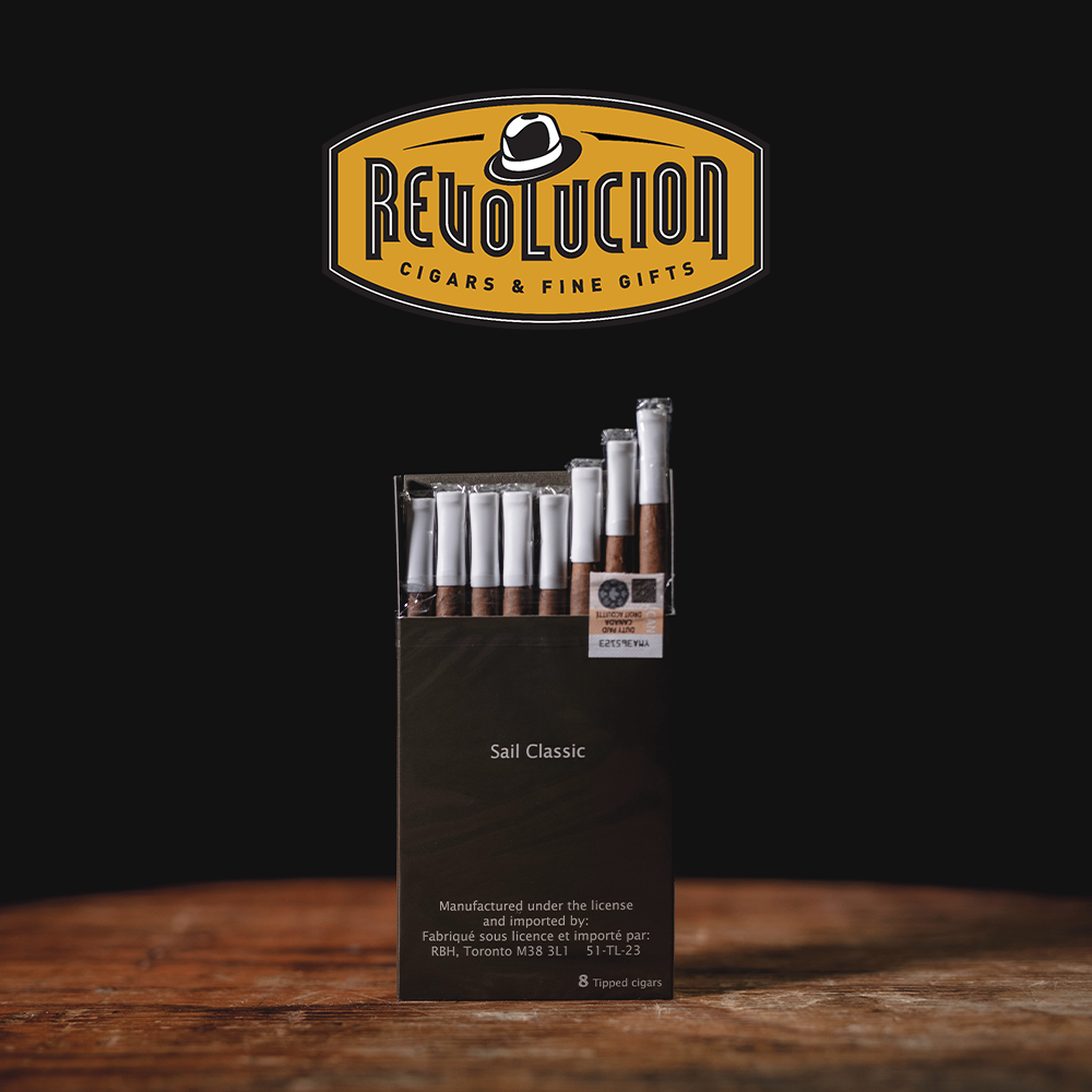 Sail Classic Cigarillos - Pack of 8, opened box displaying cigarillos inside.