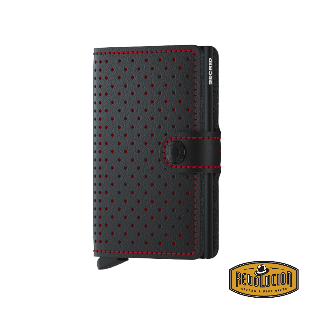 A compact Secrid Miniwallet in Perforated Black Red, featuring premium black leather with a perforated texture and a secure closure.