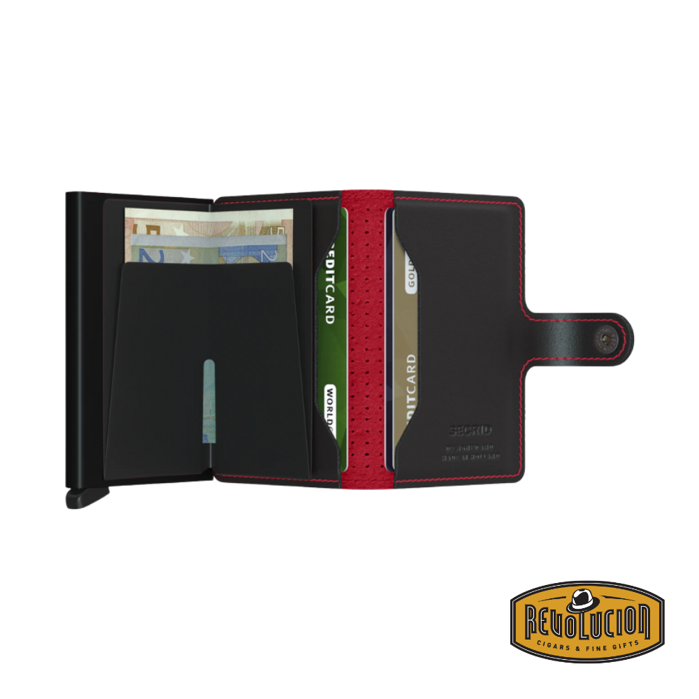 The Secrid Miniwallet in Perforated Black Red, fully opened, displaying multiple card slots, a bill compartment, and a striking red interior.