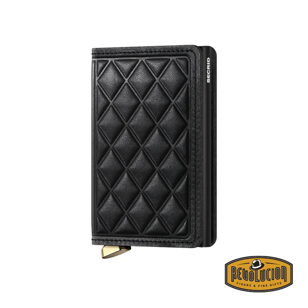 A closed Secrid Premium Slimwallet RFID Emboss Diamond Black, highlighting its luxurious diamond-embossed black leather and slim, modern profile.