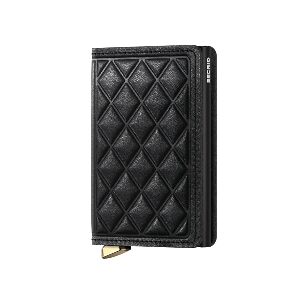 A closed Secrid Premium Slimwallet RFID Emboss Diamond Black, highlighting its luxurious diamond-embossed black leather and slim, modern profile.