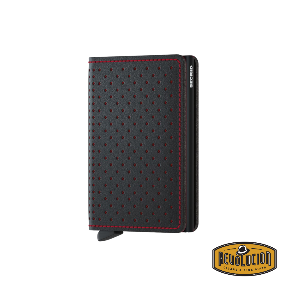 A closed Secrid SlimWallet RFID Perforated Black Red, crafted from high-quality perforated leather with a sleek black exterior and bold red interior, designed for stylish security and convenience.