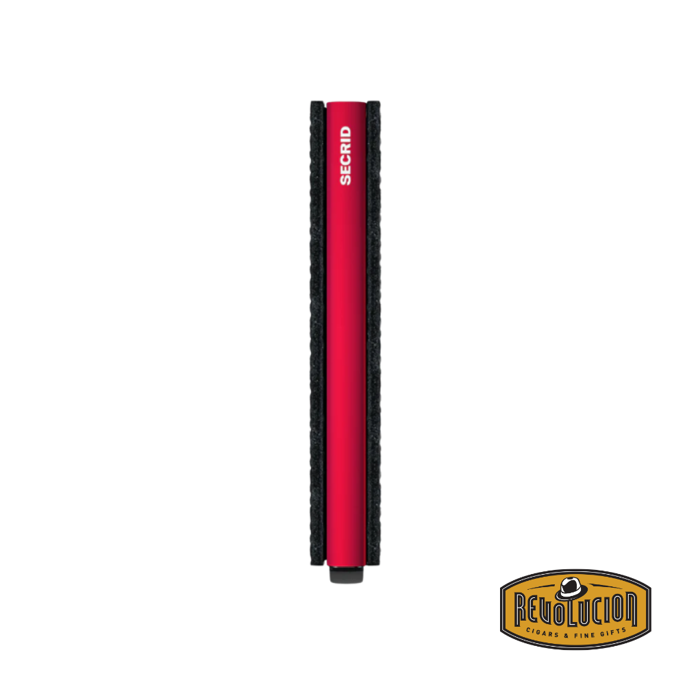 A side perspective of the Secrid Slimwallet in Cubic Black Red, highlighting its sleek profile and premium embossed leather texture.